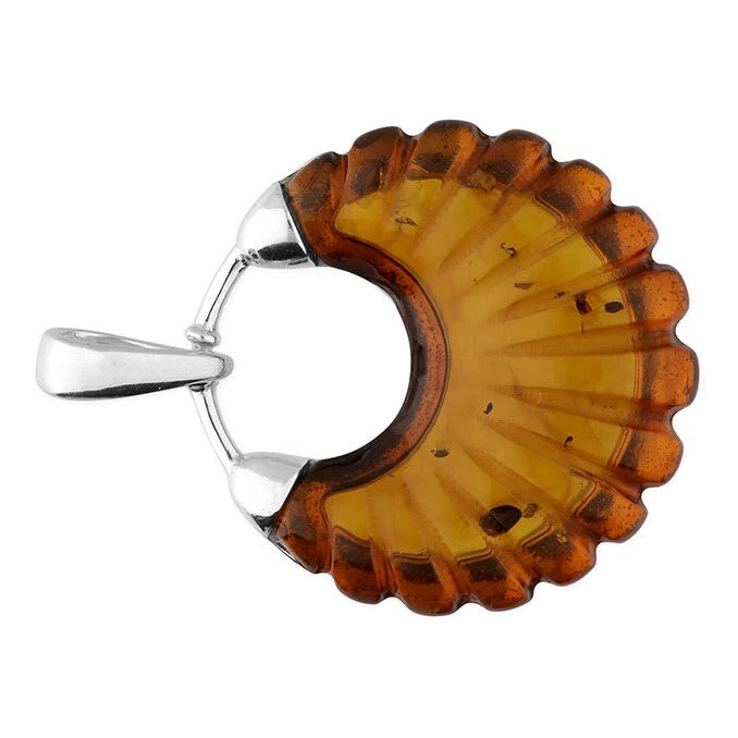 Scalloped Cognac Amber Pendant Sterling Silver 925 Hallmarked All Chain Lengths