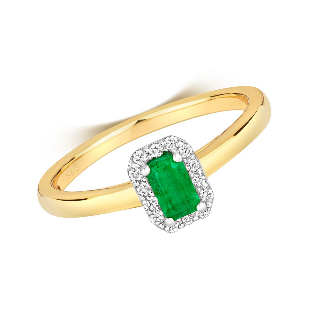 Octagon Emerald Diamond Halo Ring 9ct Gold 375 Hallmarked J - Q British Made