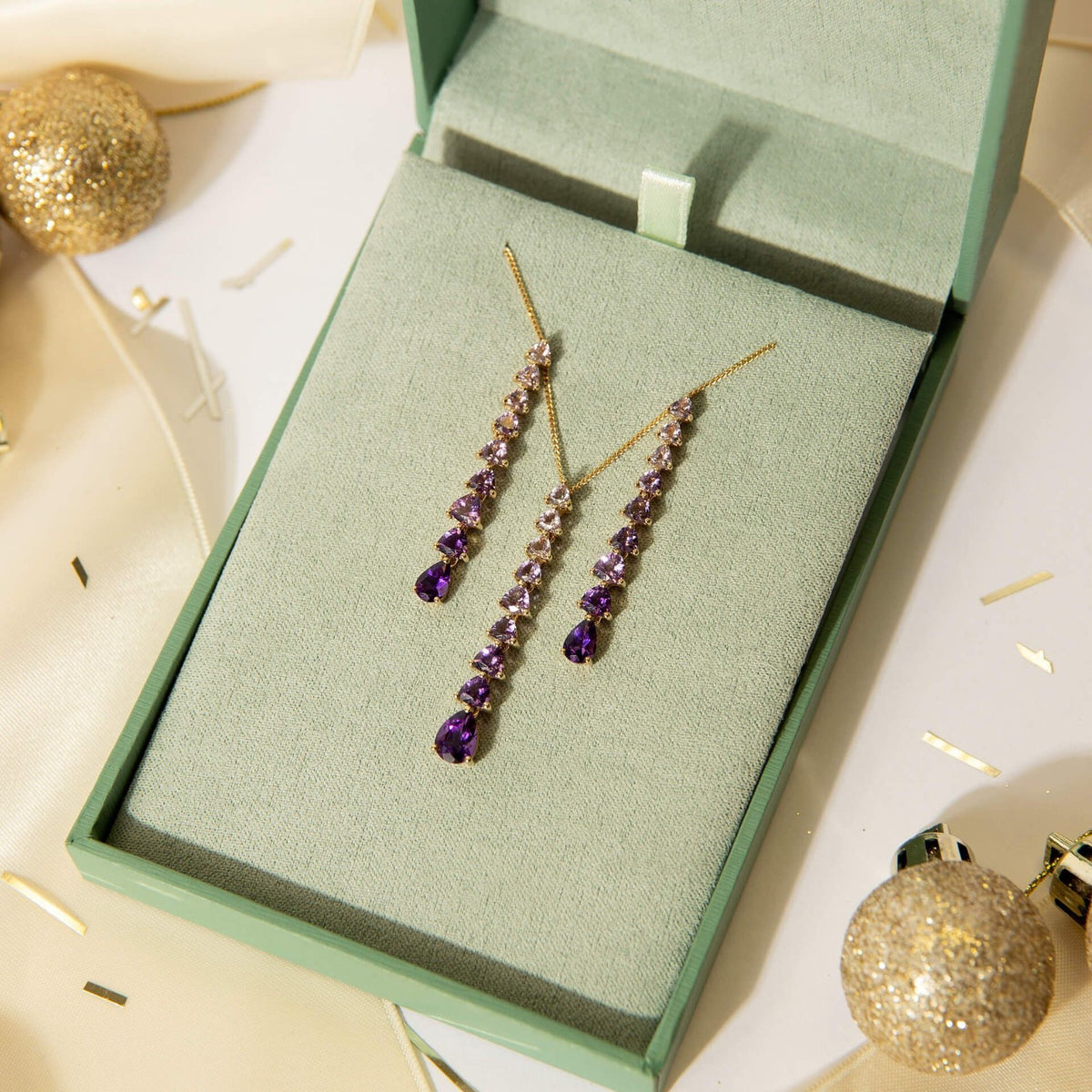 Trillian Pear Amethyst Pendant & Earrings Set 9ct Yellow Gold 375 Hallmarked