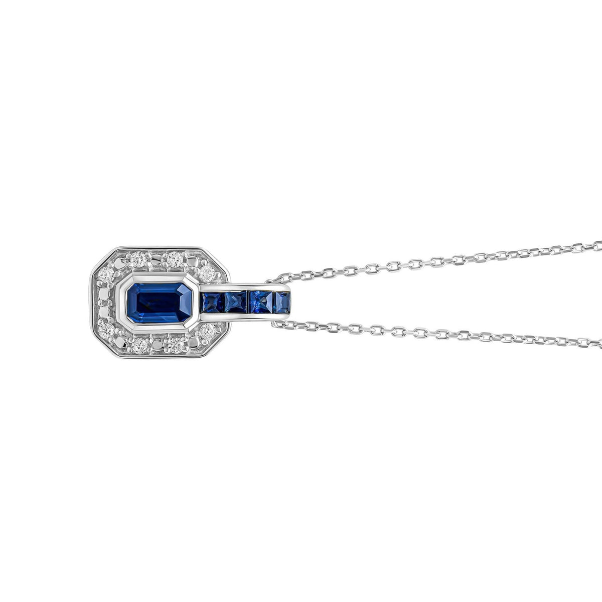 Channel Diamond And Sapphire Necklace 9ct White Gold 375 Hallmarked British Made