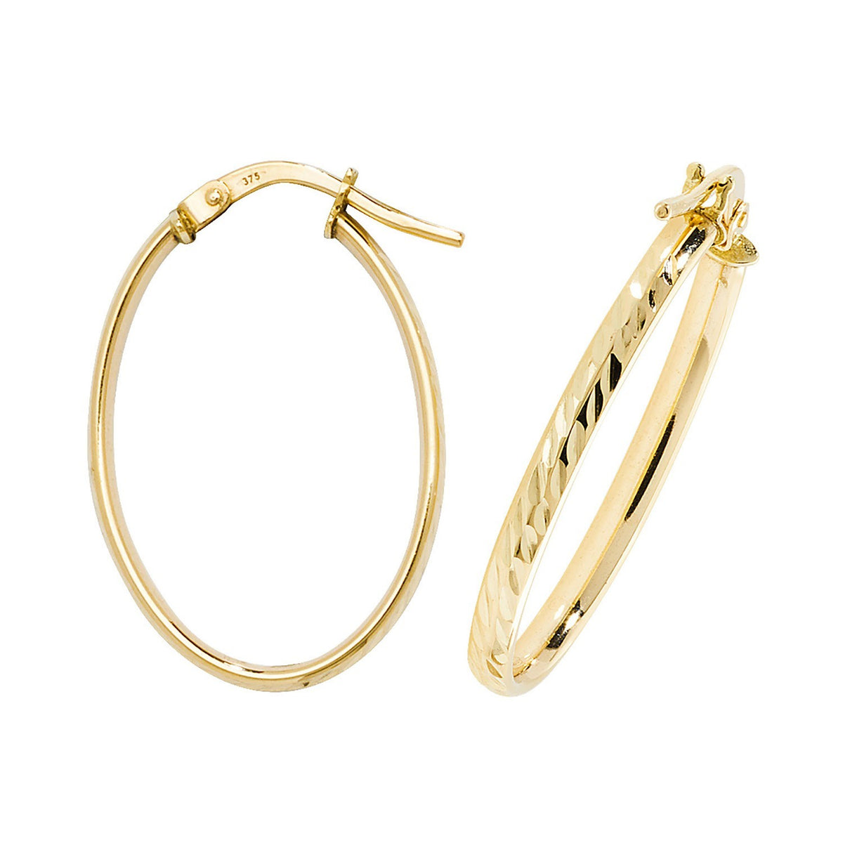 9ct Yellow Gold DC Oval Hoop Earrings 375 Hallmarked 15mm - 30mm Diameter
