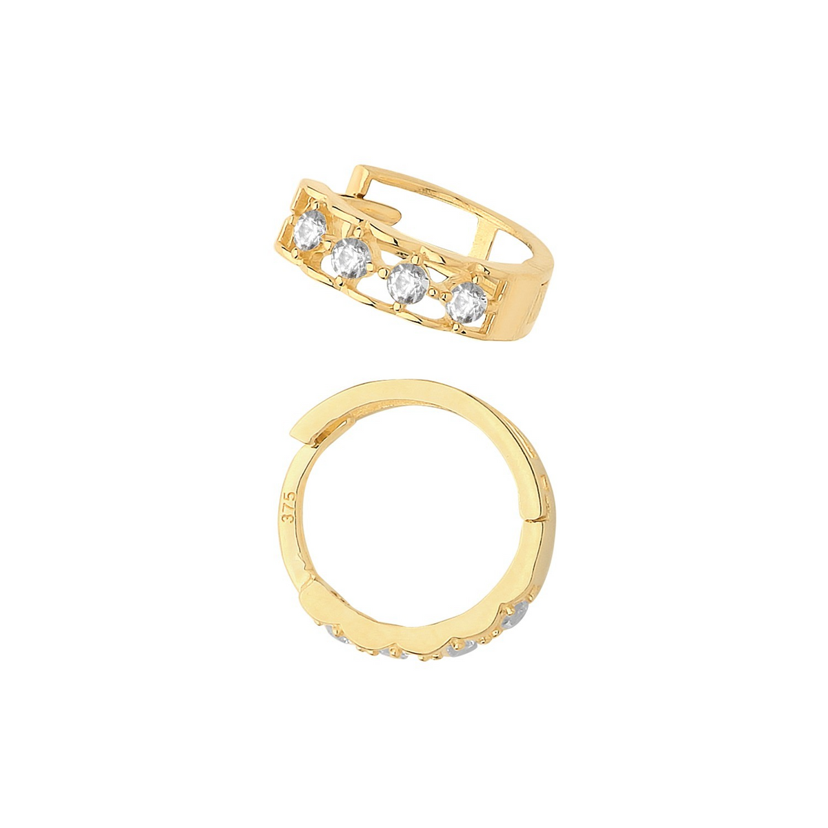Mens 4 Stone Huggie Hoop Earring 9ct Yellow Gold 375 Hallmarked Brand New Boxed