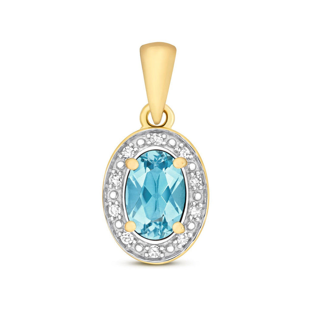 Oval Blue Topaz Diamond Pendant 9ct Multi Tone Gold 375 Hallmarked Chain Lengths