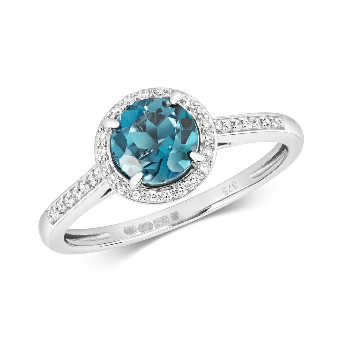 Round Halo Blue Topaz Diamond Ring 9ct White Gold 375 Hallmarked Sizes J - Q