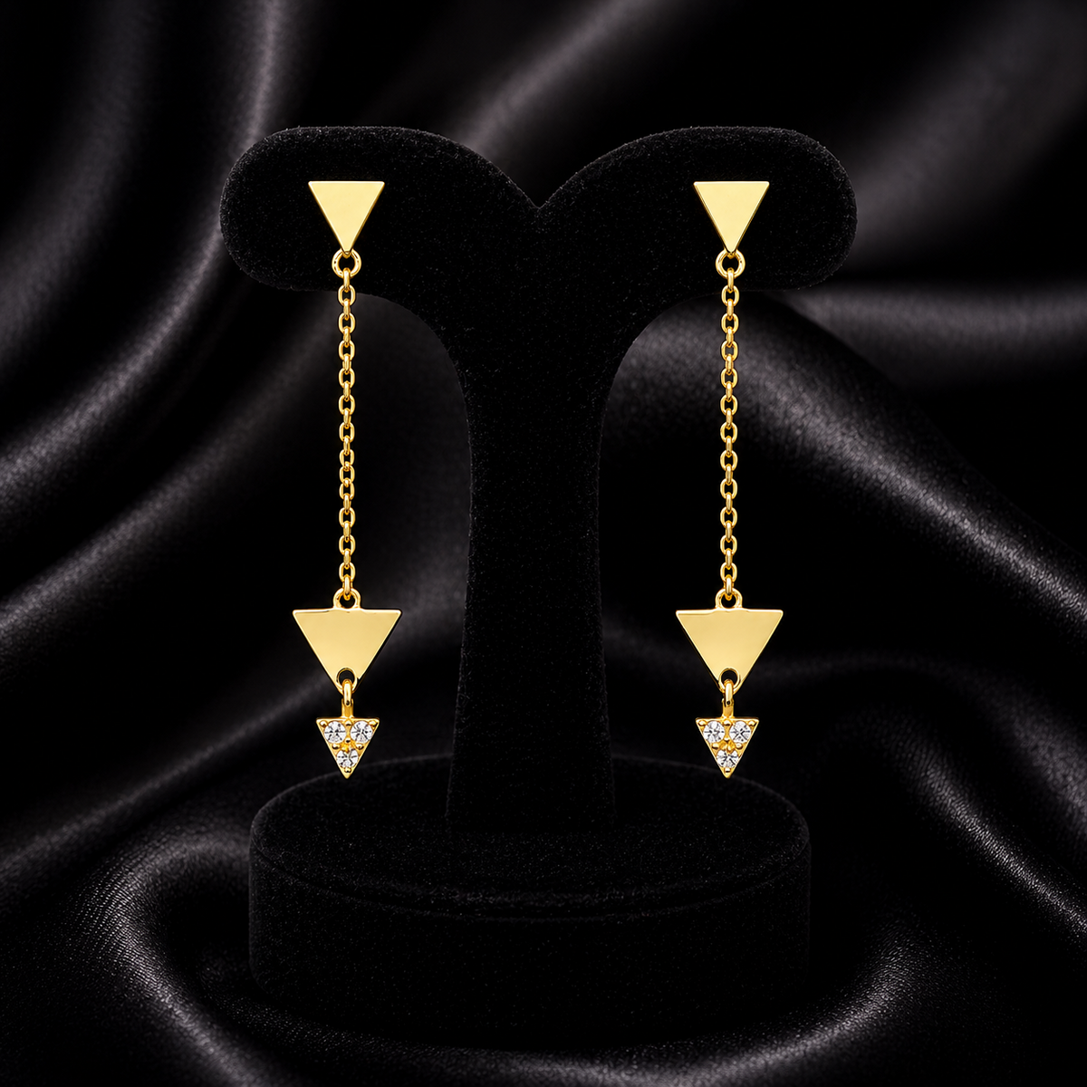 3 Stone Triangular Drop Earrings 9ct Yellow Gold 375 Hallmarked Brand New Boxed