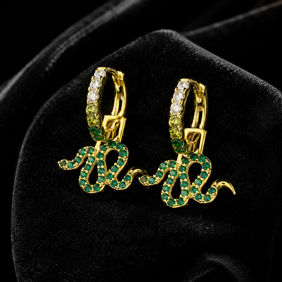 Emerald Snake Huggie Hoop Earrings 18ct Yellow Gold Plated Hallmark Brand New