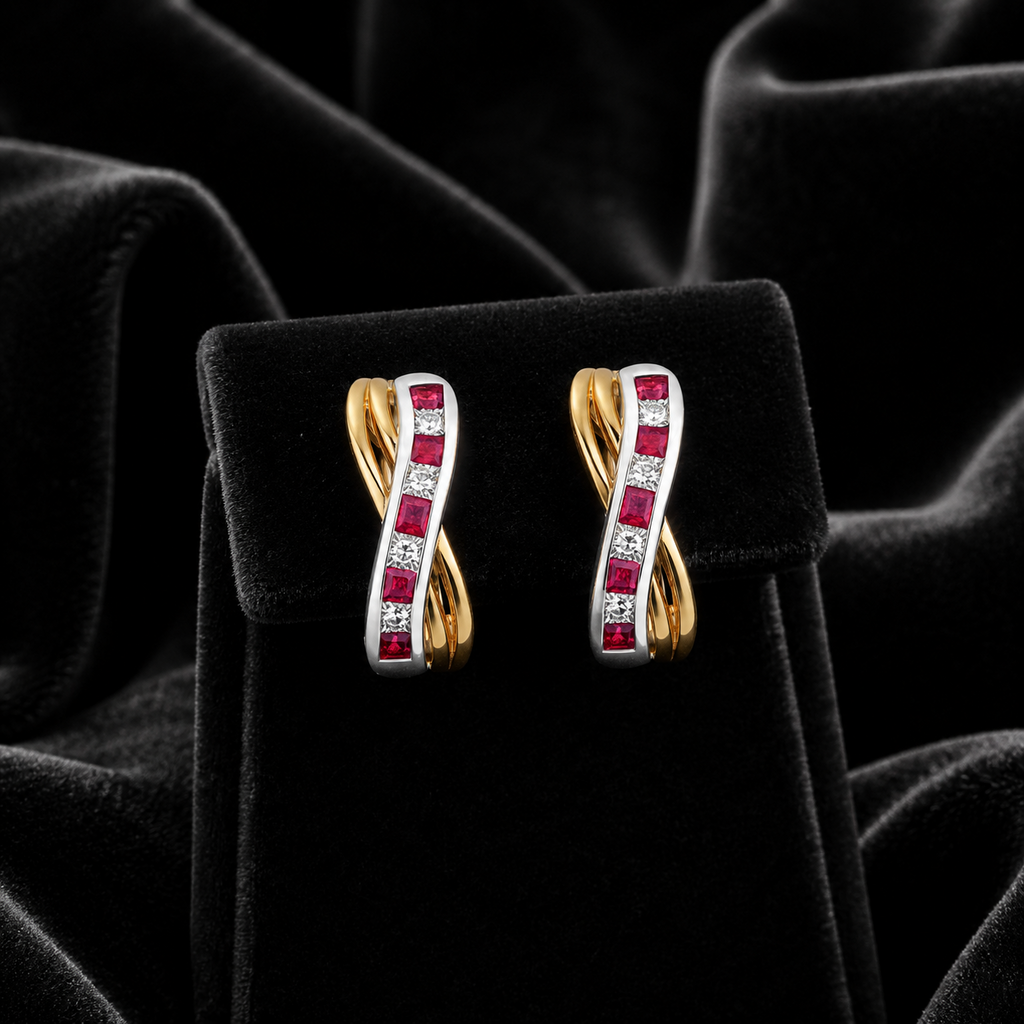 Natural Ruby Diamond Drop Hoop Earrings 9ct Multi Tone Gold 375 Hallmarked