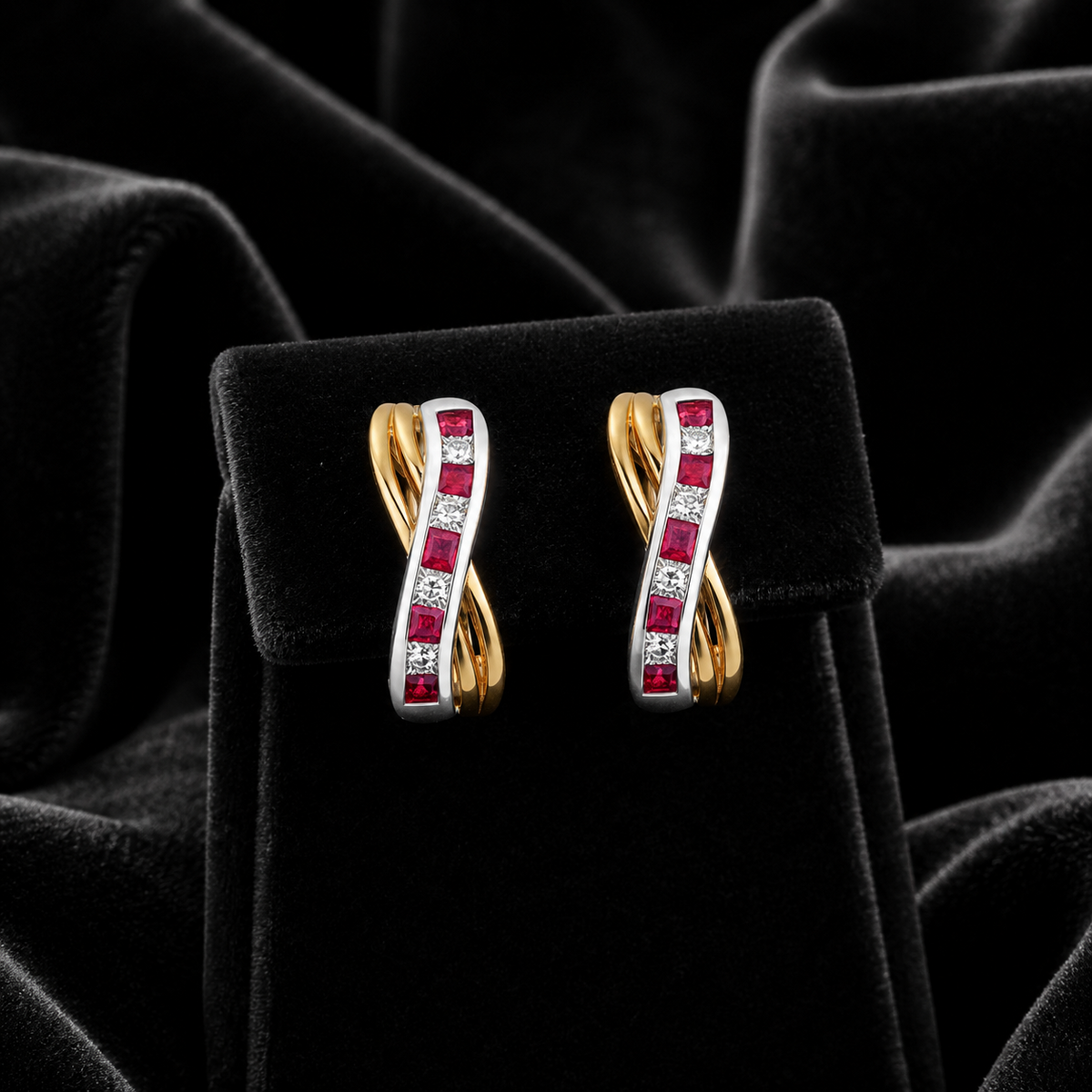 Natural Ruby Diamond Drop Hoop Earrings 9ct Multi Tone Gold 375 Hallmarked