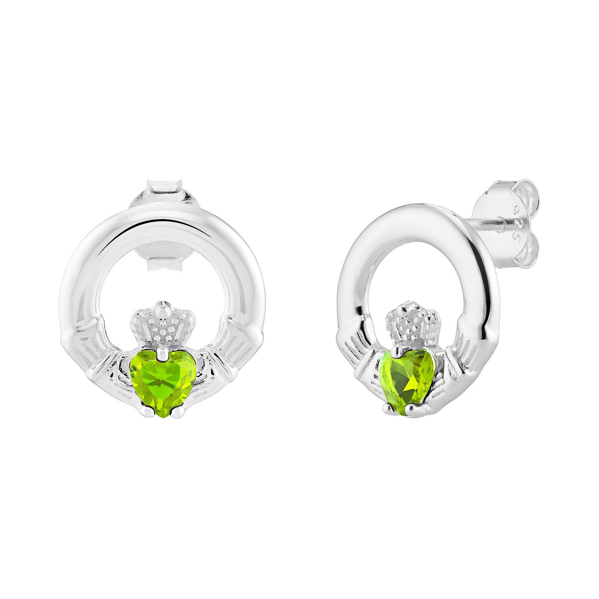 Peridot Claddagh Stud Earrings Sterling Silver 925 Hallmarked British Made