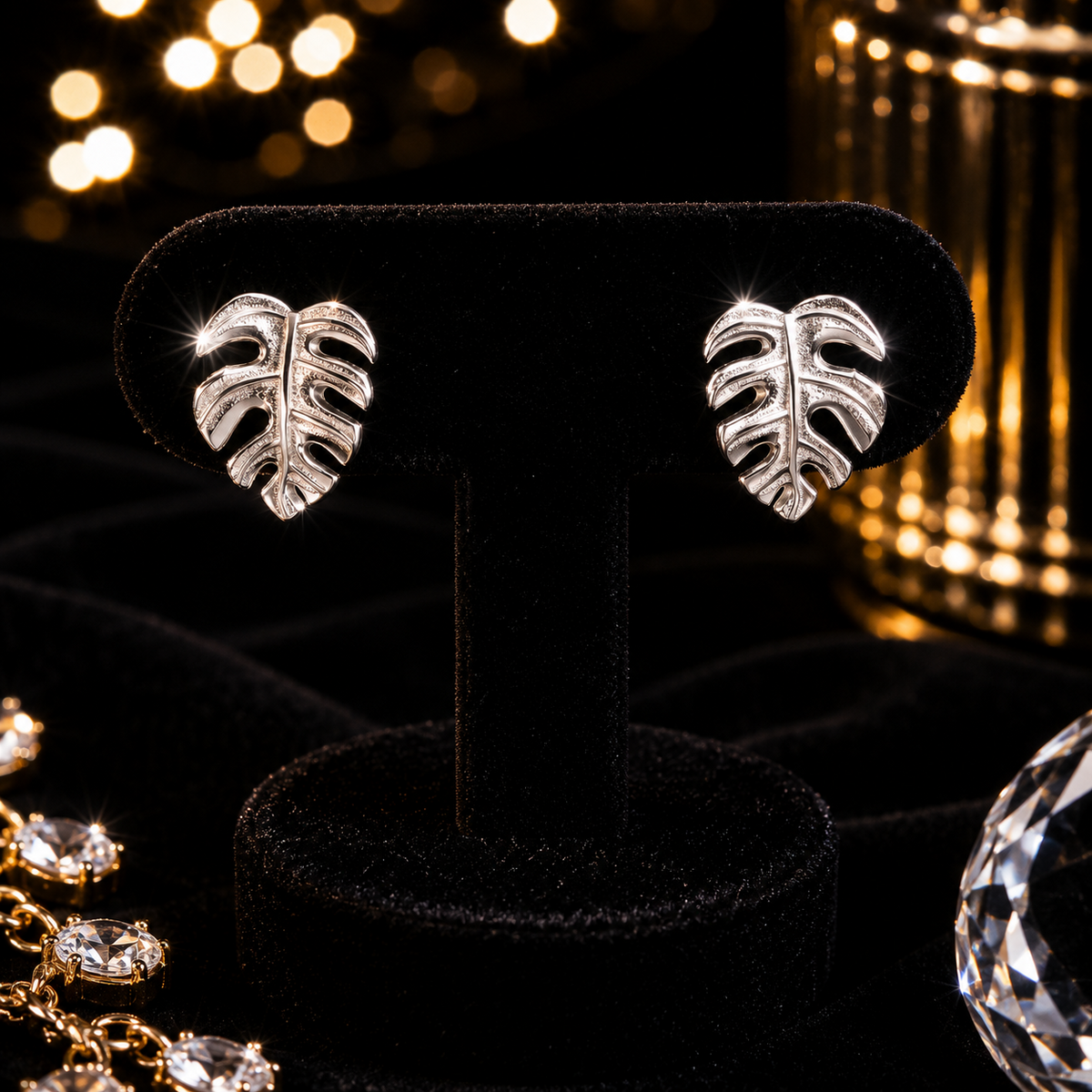 Monstera Leaf Stud Earrings Sterling Silver 925 Hallmark British Made Brand New