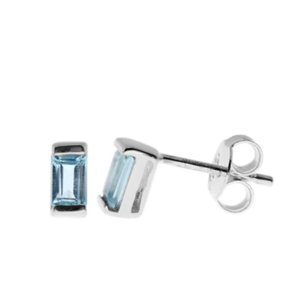 Baguette Natural Aquamarine Stud Earrings Sterling Silver 925 Hallmarked