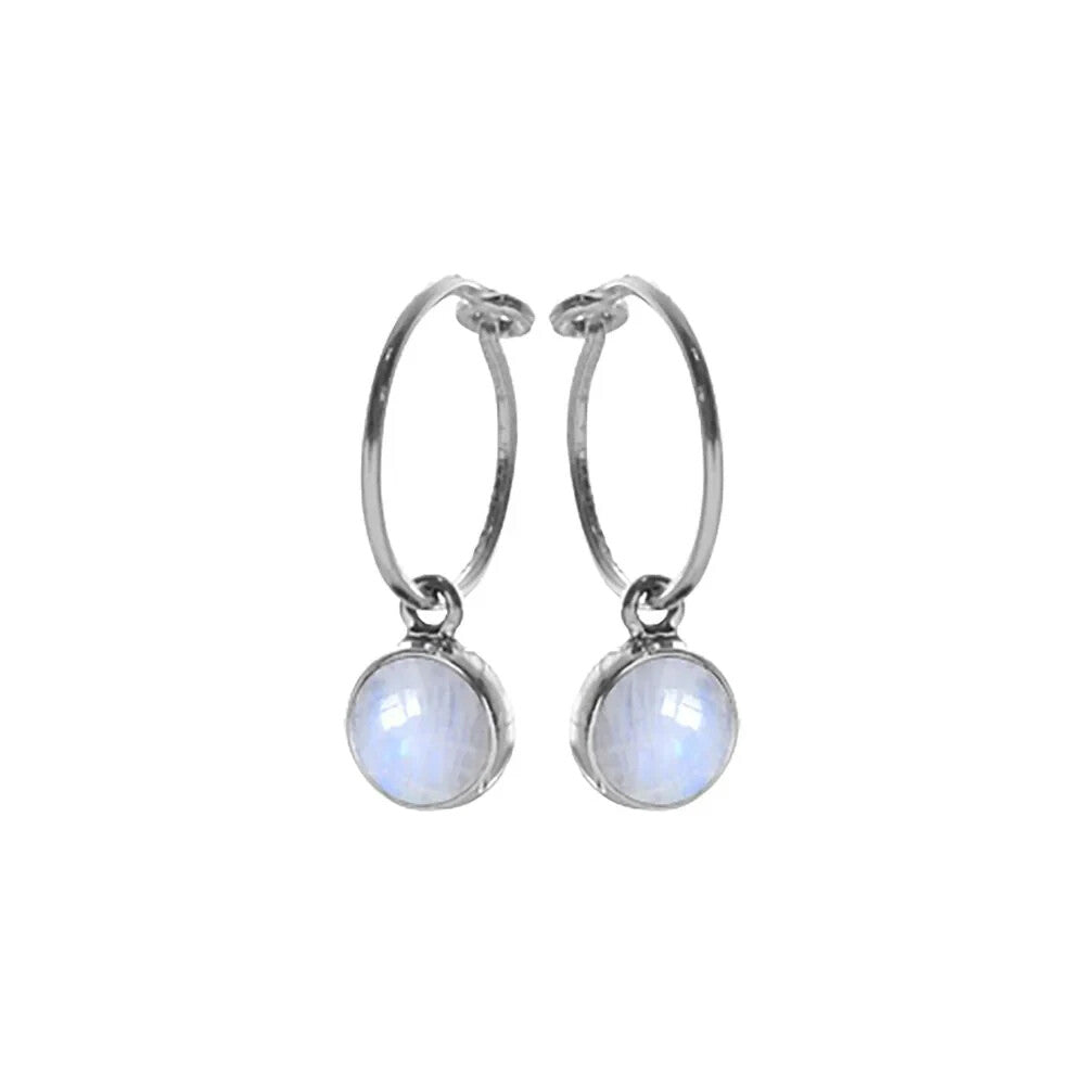Round Moonstone Hoop Earrings Sterling Silver 925 Hallmarked Brand New Boxed