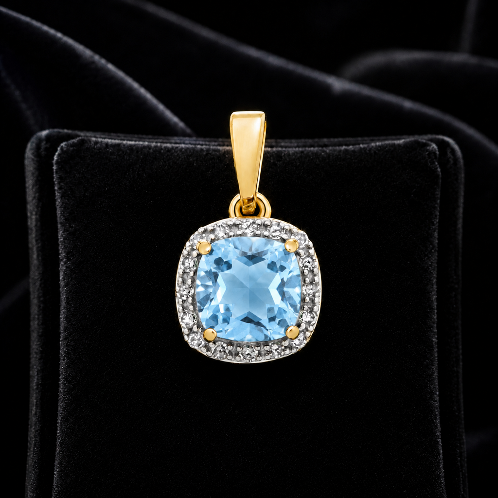 Cushion Topaz Diamond Pendant 9ct Multi Tone Gold 375 Hallmark Chain Lengths
