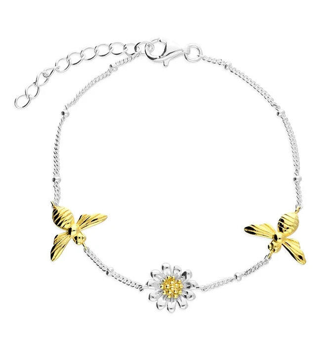 Daisy And Bee Bracelet 18ct Gold On Sterling Silver Hallmarked Adjustable