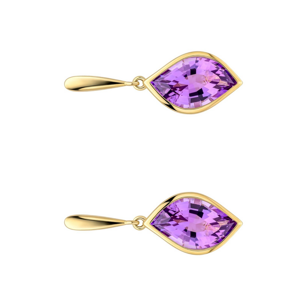 Flush Amethyst Flame Drop Earrings 9ct Yellow Gold 375 Hallmarked British Made
