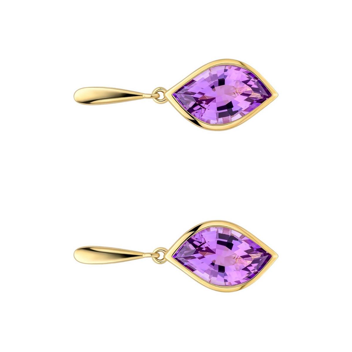Flush Amethyst Flame Drop Earrings 9ct Yellow Gold 375 Hallmarked British Made