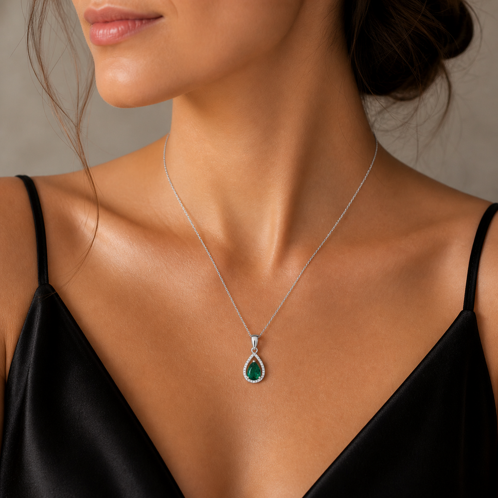 Silver Emerald Teardrop Pendant 925 Hallmarked British Made All Chain Lengths