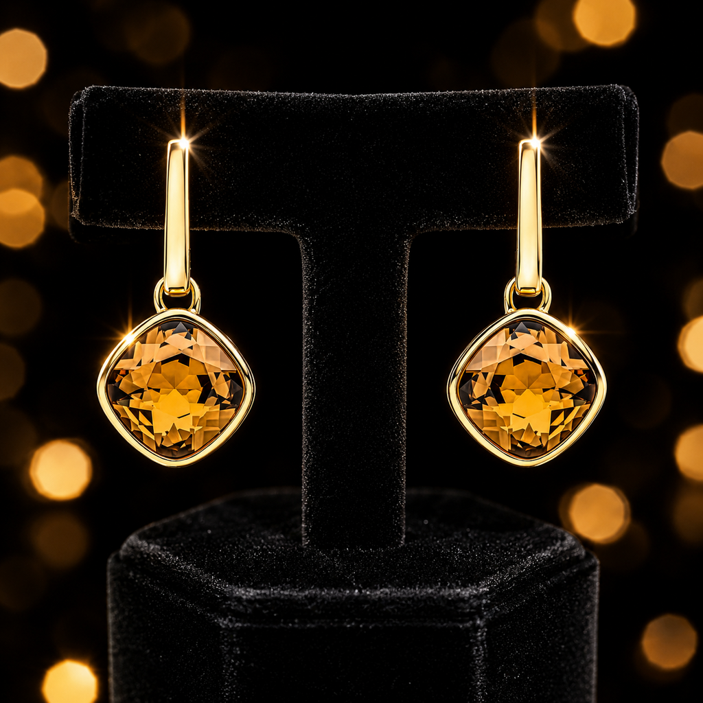 Cushion Citrine Drop Earrings 9ct Yellow Gold Plated Hallmarked Brand New Boxed