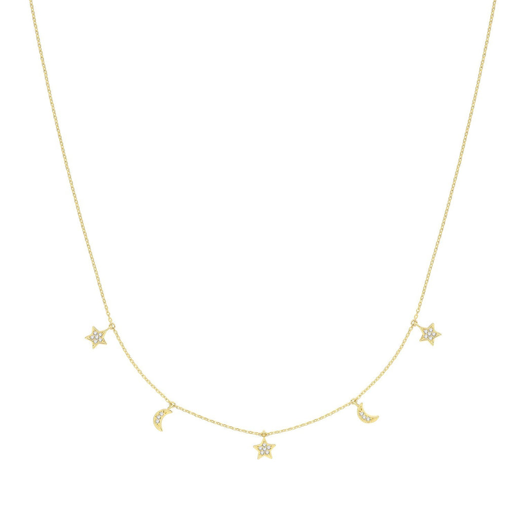 Sparkling Moon And Stars Necklace 9ct Yellow Gold 375 Hallmarked British Made
