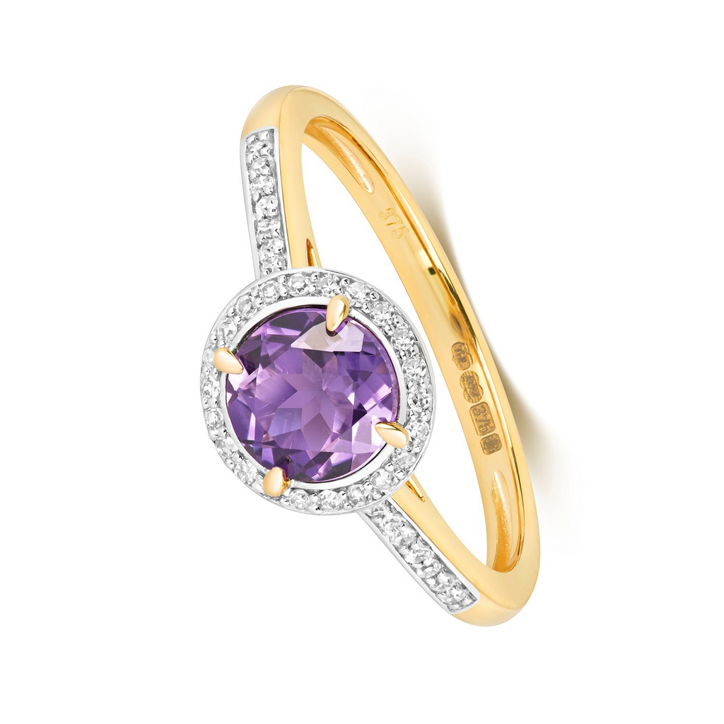 Round Halo Amethyst Diamond Ring 9ct 2 Tone Gold 375 Hallmarked Sizes J - Q