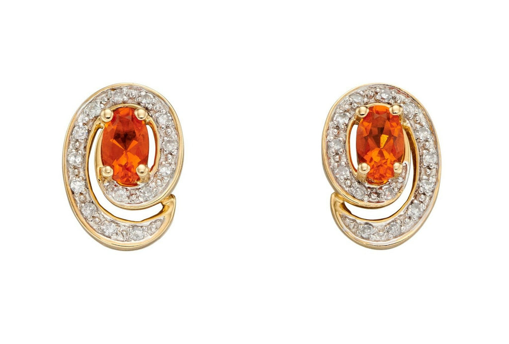 Fire Opal Swirl Earrings with Diamond in 9ct Yellow Gold British Made Brand New