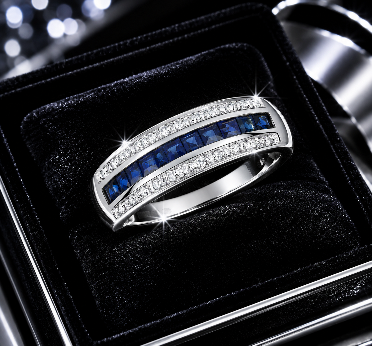 Sapphire Diamond Band Ring 9ct White Gold 375 Hallmark Sizes J - Q British Made