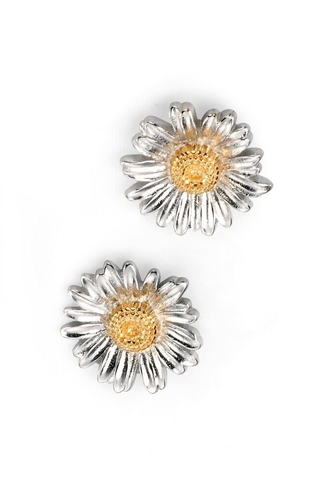 Sterling Silver Daisy Stud Earrings Yellow Gold Detail 925 Hallmarked