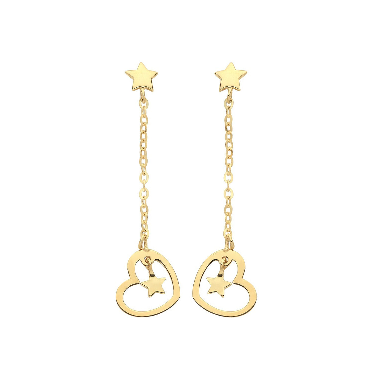 Heart And Star Drop Earrings 9ct Yellow Gold 375 Hallmarked Brand New Boxed