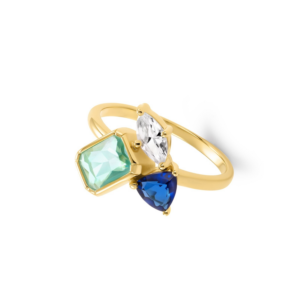 Sapphire & Topaz 3 Stone Ring Yellow Gold Plated Hallmarked  J - R British Made