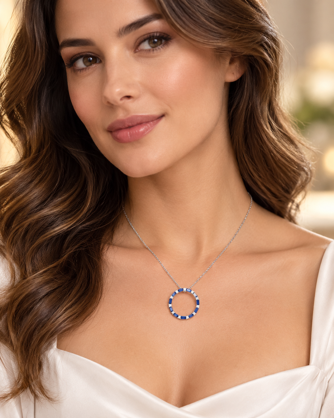 Sapphire Baguette Circle Necklace Sterling Silver 925 Hallmarked British Made