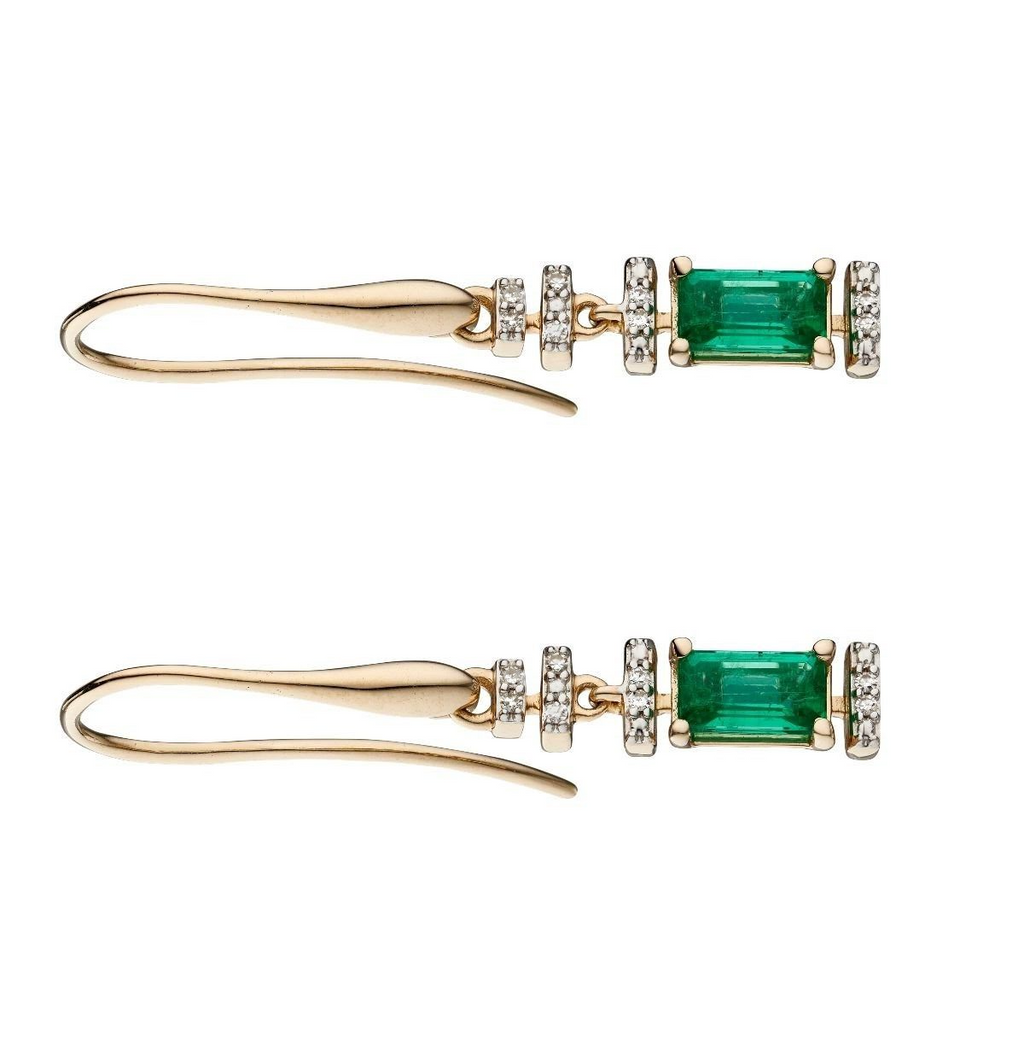 Emerald And Diamond Halo Drop Earrings 9ct Yellow Gold 375 Hallmark British Made