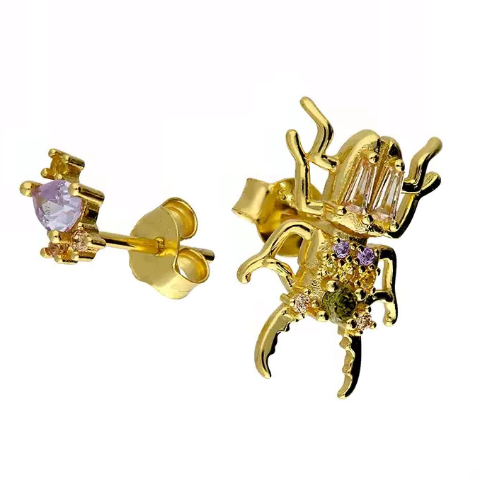 Beetle Paired Stud Earrings 18ct Yellow Gold Plated Hallmarked British Made