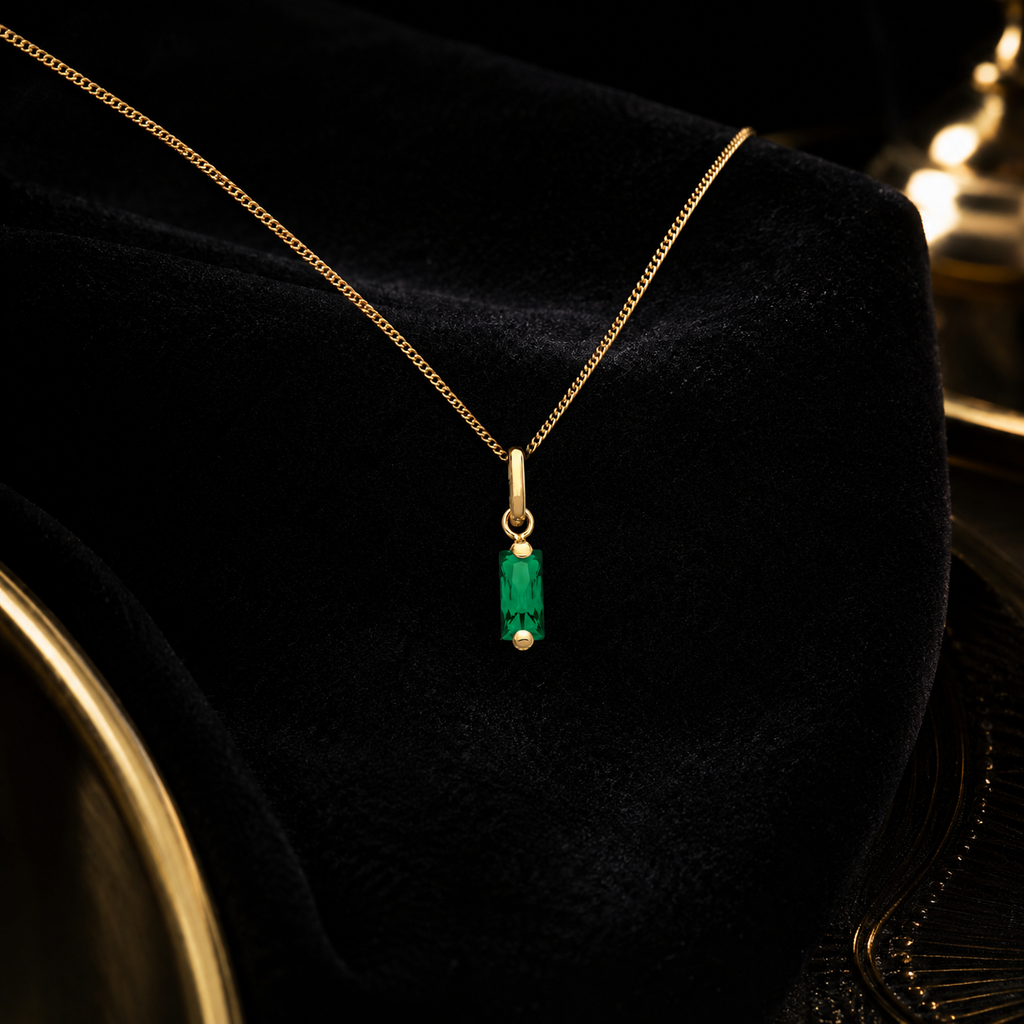 Baguette Natural Emerald 9ct Yellow Gold Pendant Hallmarked All Chain Lengths