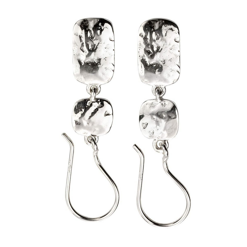 Hammered Double Drop Earrings Sterling Silver 925 Hallmarked British Made