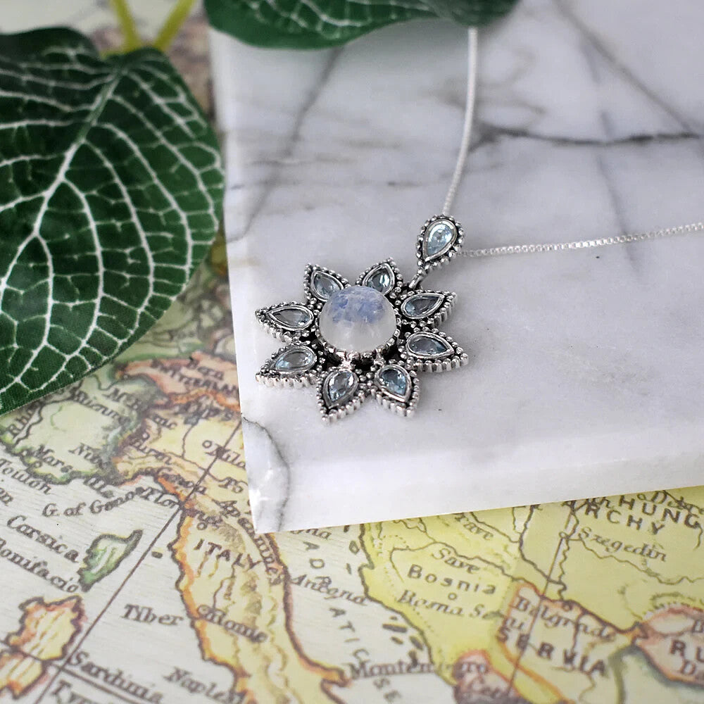 Floral Moonstone Pendant Sterling Silver 925 Hallmarked All Chain Lengths