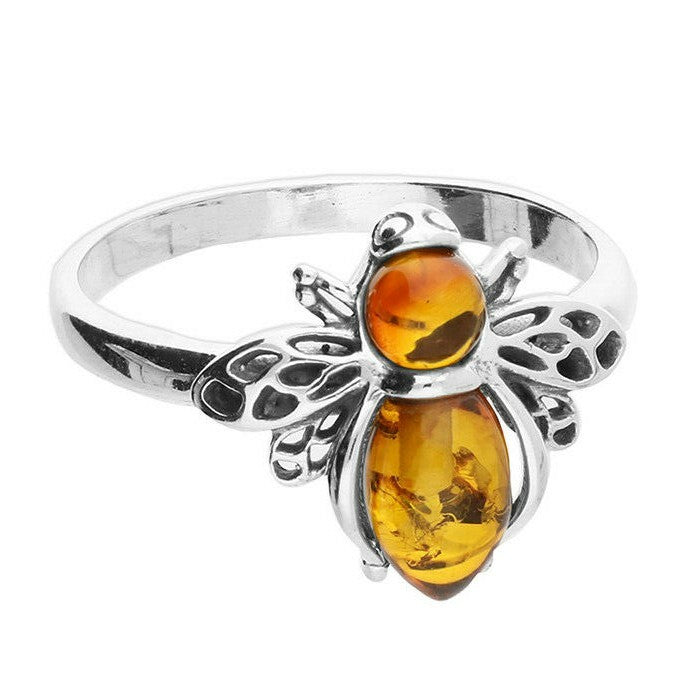 Cognac Amber Bumble Bee Ring Solid Sterling Silver 925 Hallmark (All Sizes)
