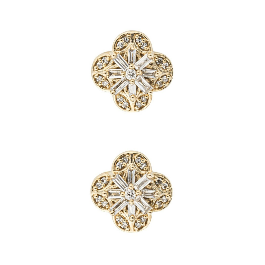 Baguette Flower Stud Diamond Earrings British Made 9ct Yellow Gold 375 Hallmark