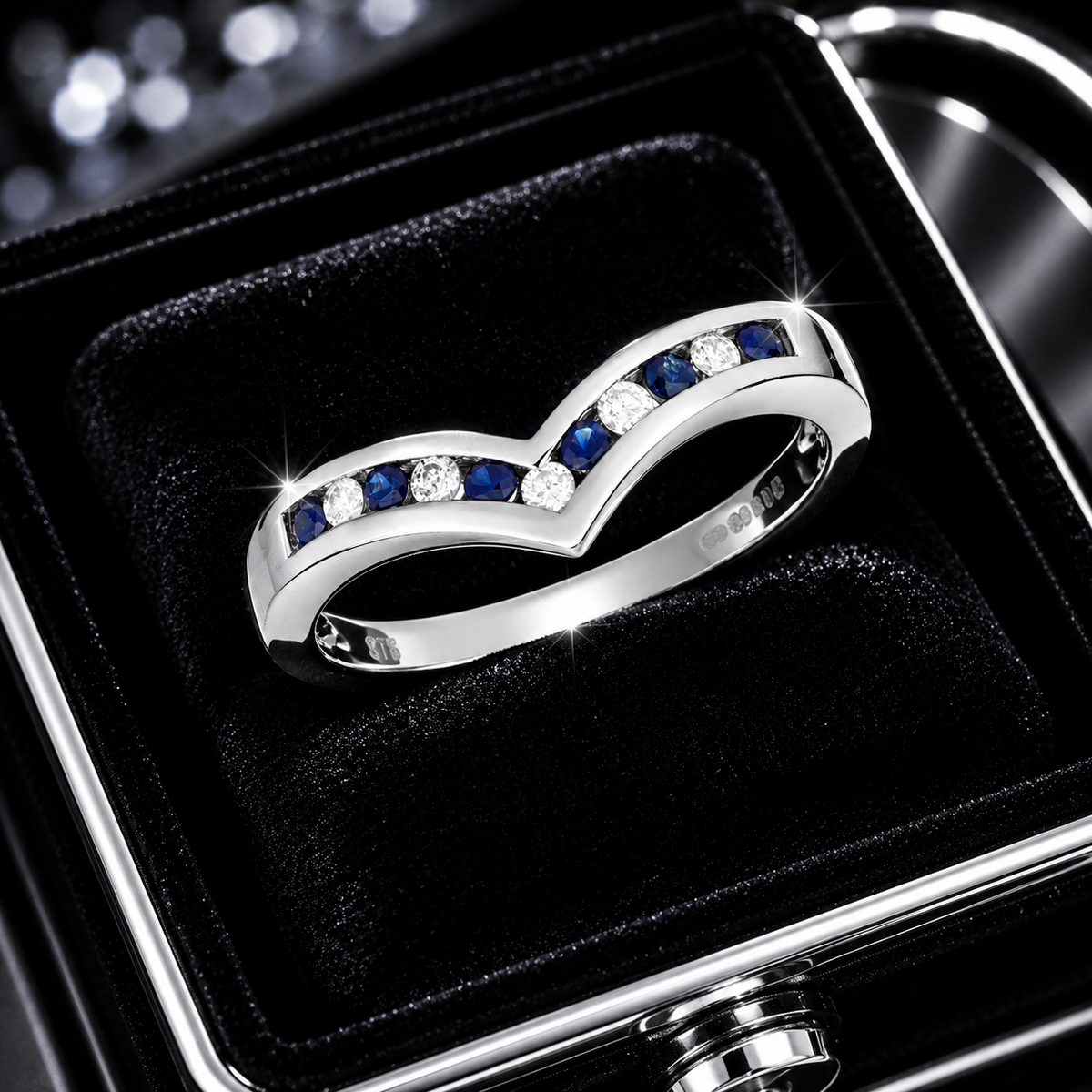 Sapphire Diamond Wishbone Ring 9ct White Gold 375 Hallmarked Sizes J - Q