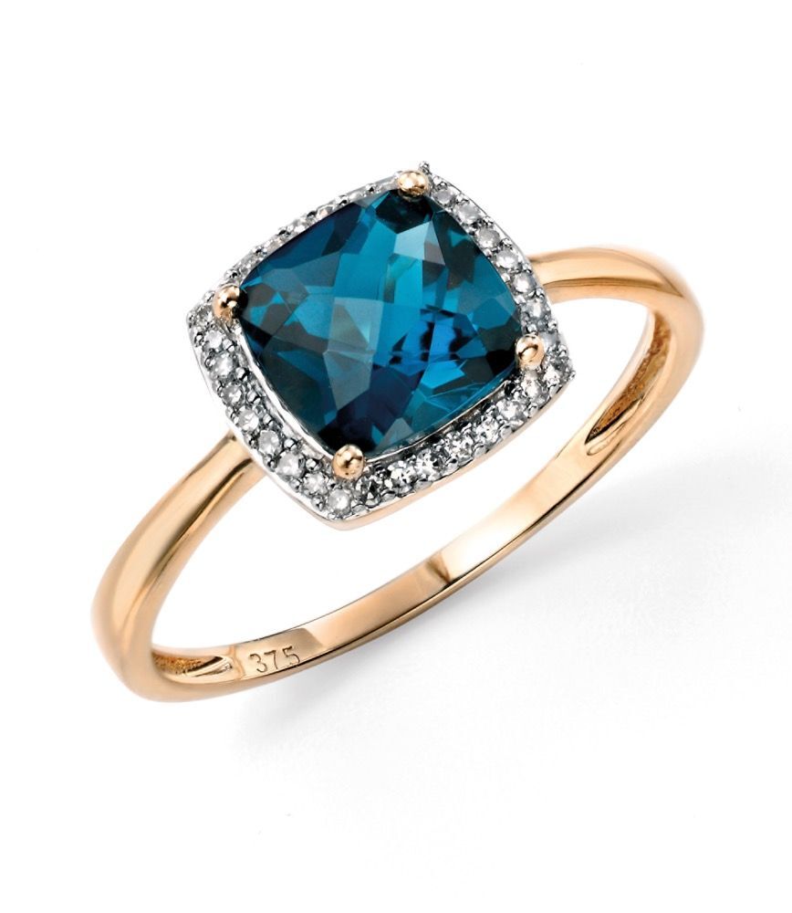 Cushion London Blue Topaz & Diamond Ring 375 Hallmarked Sizes L - Q