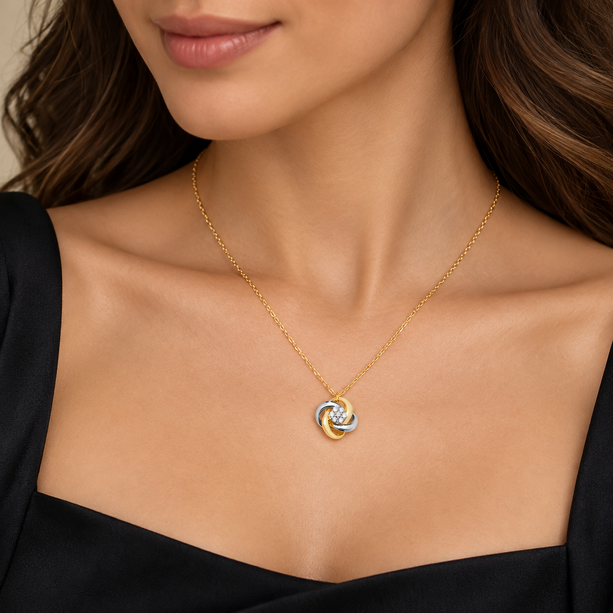 Ladies Halo Love Knot Necklace 9ct 2 Tone Gold 375 Hallmarked British Made