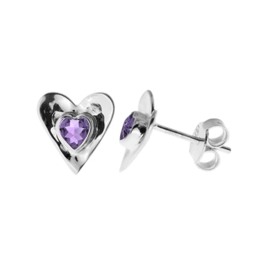 Amethyst Heart Stud Earrings Sterling Silver 925 Hallmarked Brand New Boxed