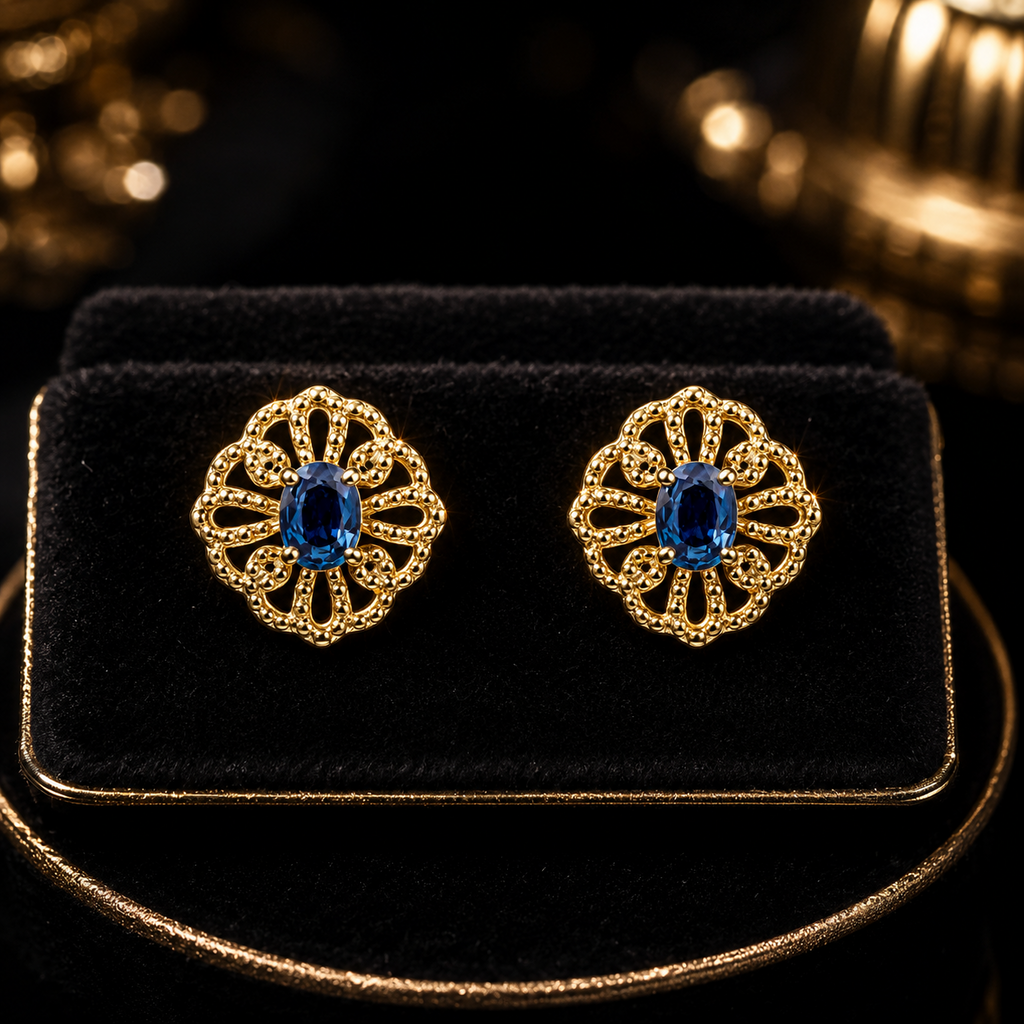 Floral Sapphire Stud Earrings 9ct Yellow Gold 375 Hallmarked British Made