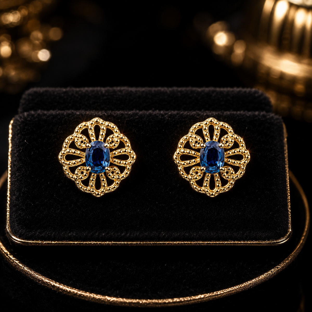 Floral Sapphire Stud Earrings 9ct Yellow Gold 375 Hallmarked British Made