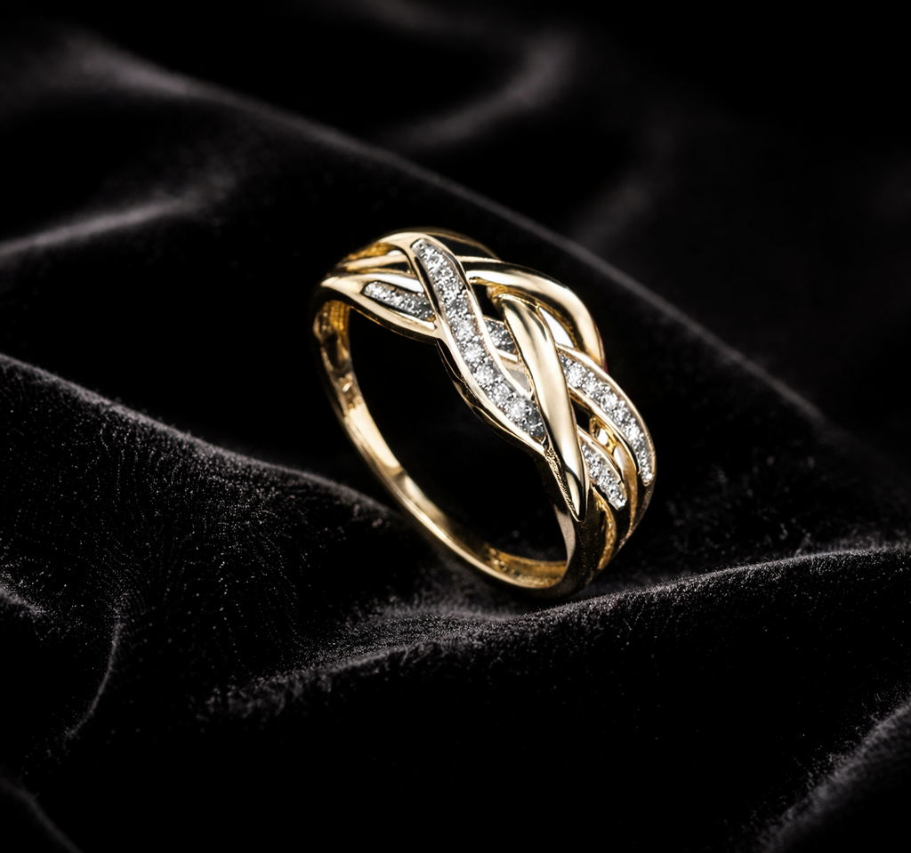 Plaited Ring with Pave Natural Diamonds in 9ct Yellow Gold 375 Hallmarked