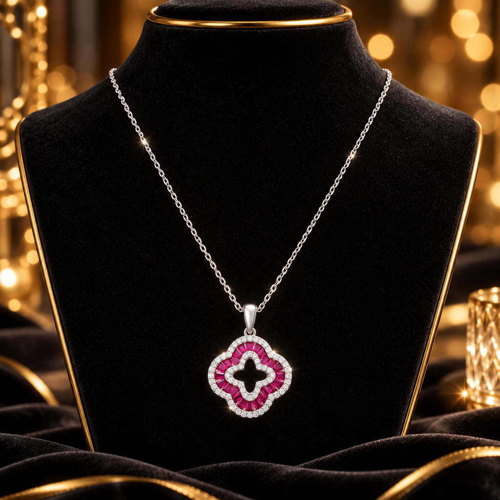 Ruby Baguette Clover Necklace Sterling Silver 925 Hallmarked British Made