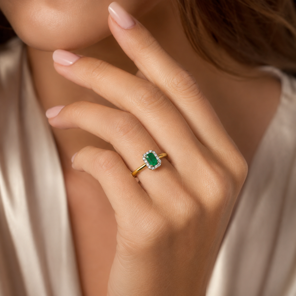 Octagon Emerald Diamond Halo Ring 9ct Gold 375 Hallmarked J - Q British Made