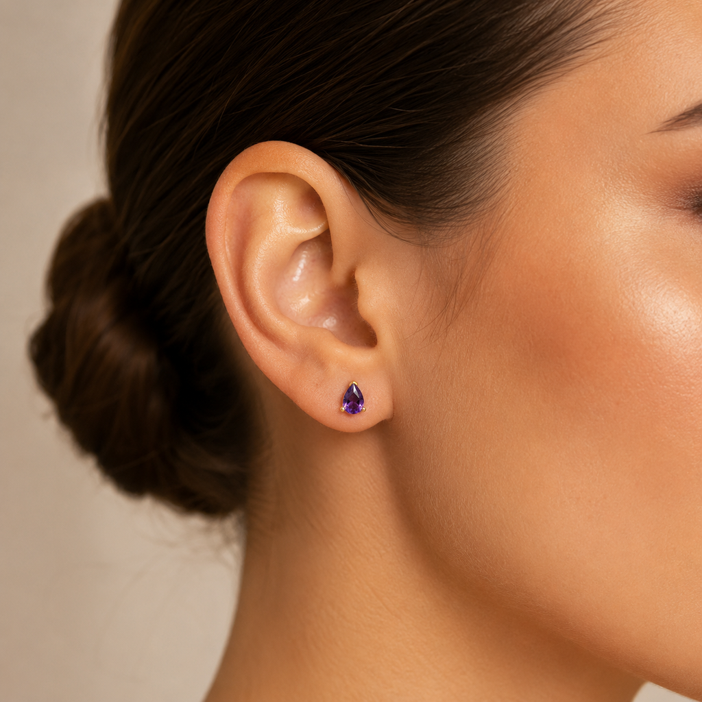 Natural Teardrop Amethyst Stud Earrings 9ct Yellow Gold 375 Hallmarked