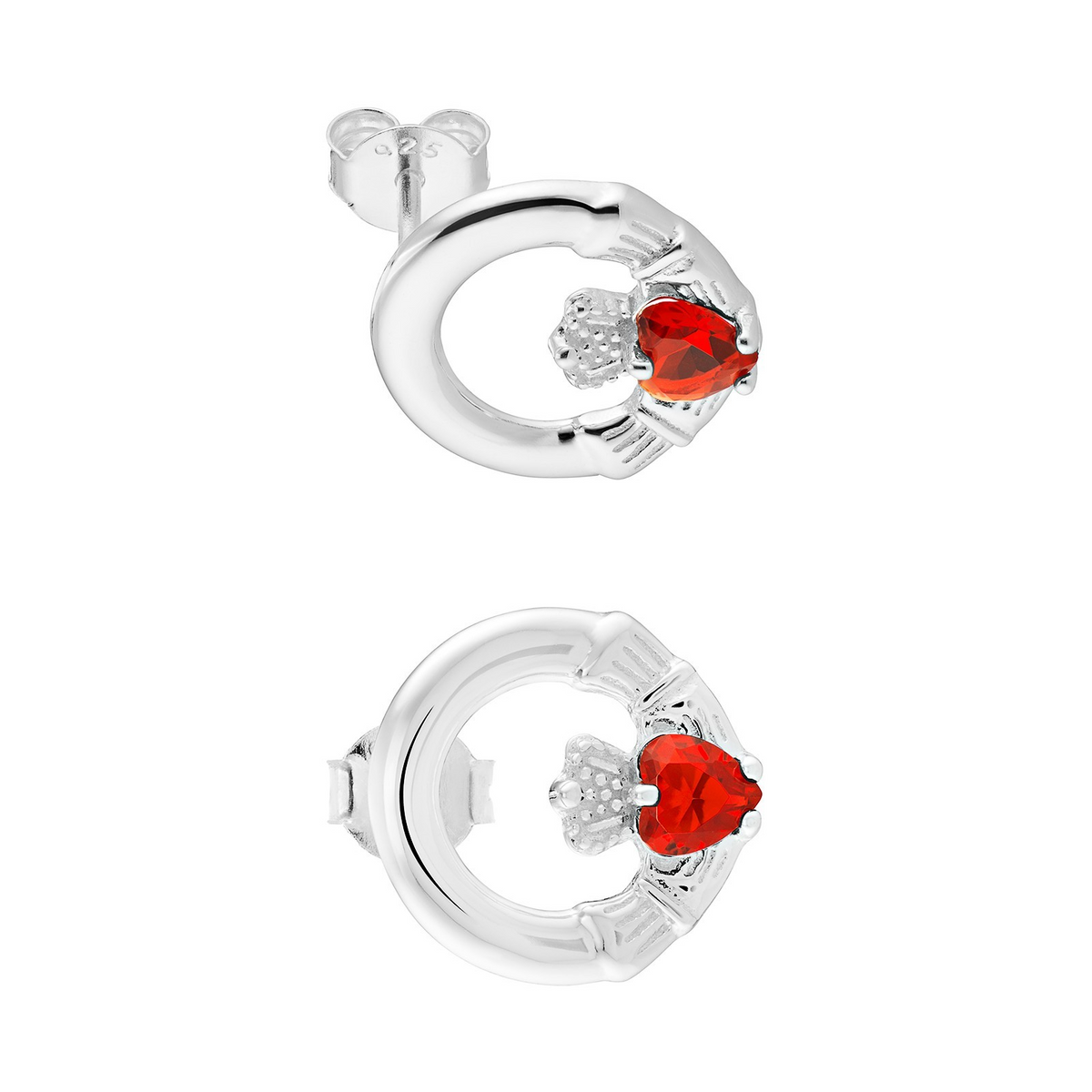 Ruby Claddagh Stud Earrings Sterling Silver 925 Hallmarked British Made