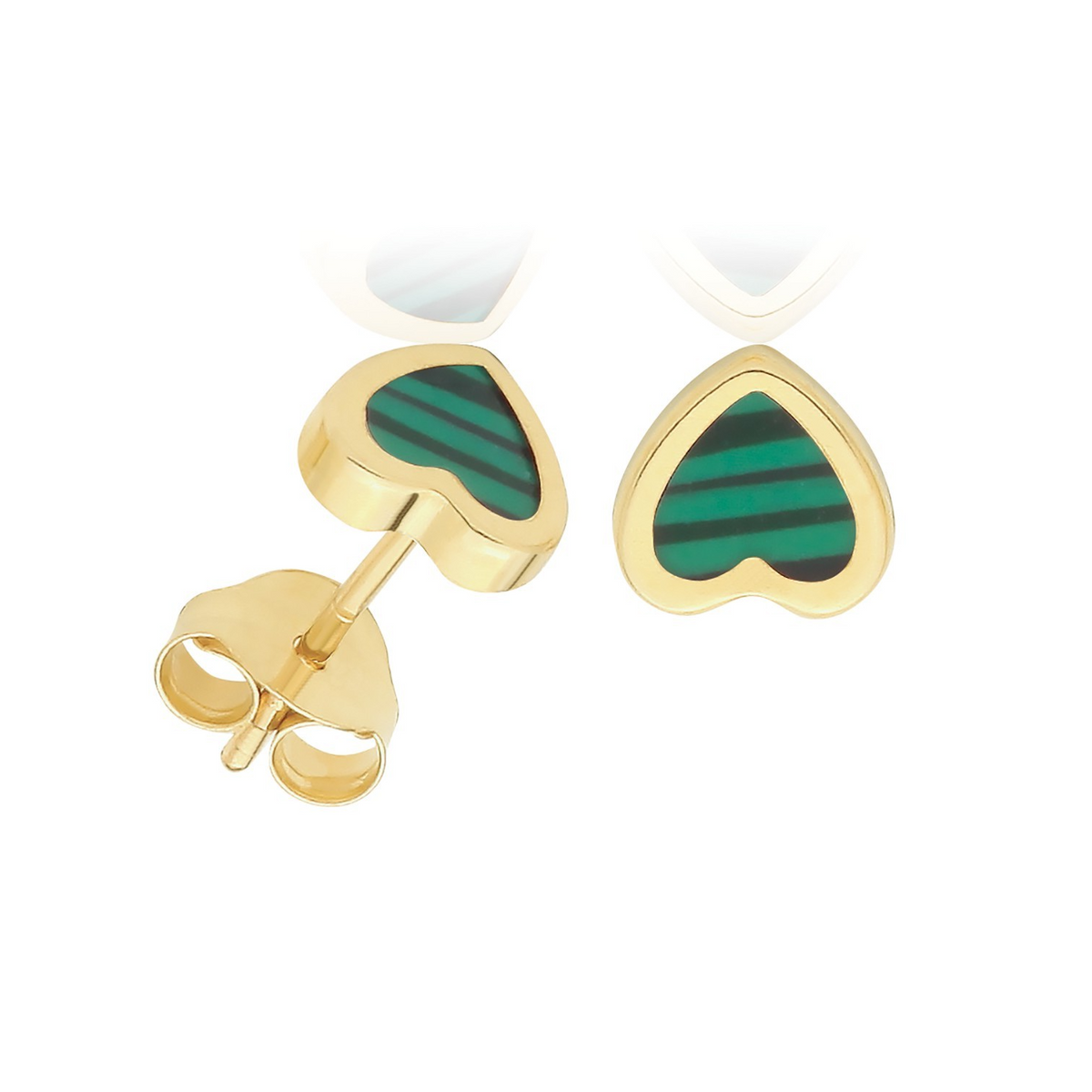 Natural Malachite Heart Stud Earrings 9ct Yellow Gold 375 Hallmarked Brand New