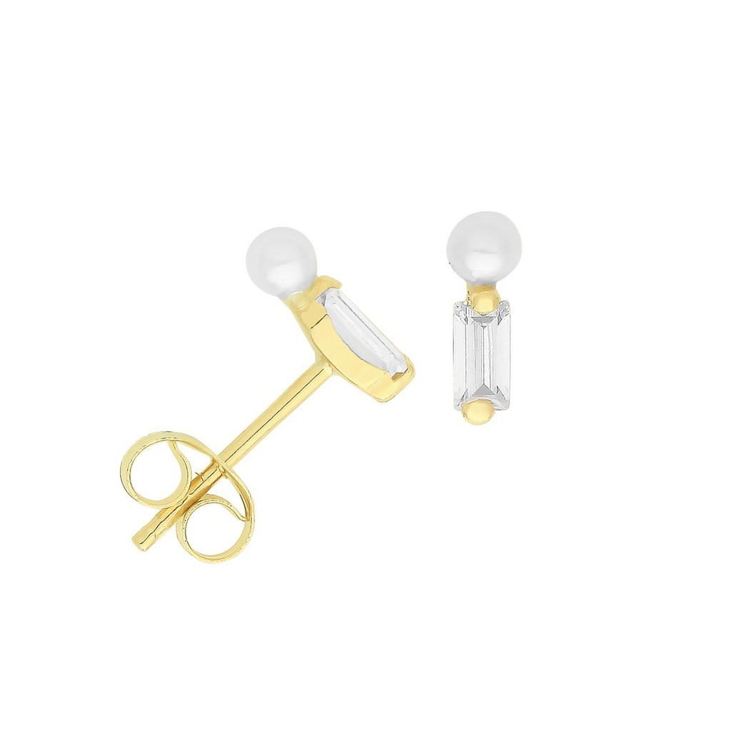 Baguette Natural Pearl Stud Earrings 9ct Yellow Gold 375 Hallmarked Brand New